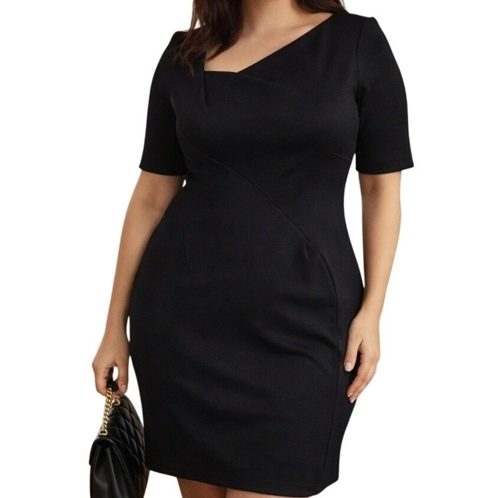 L.K. Bennett Black Asymmetrical‎ Neck Sheath Dress Stretch Midi Work Party 10